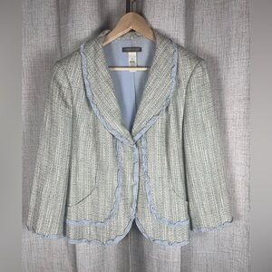Sigrid Olsen Tweed Blazer Size 16 Preppy Blue Ruffle Trim Cotton Linen Blend